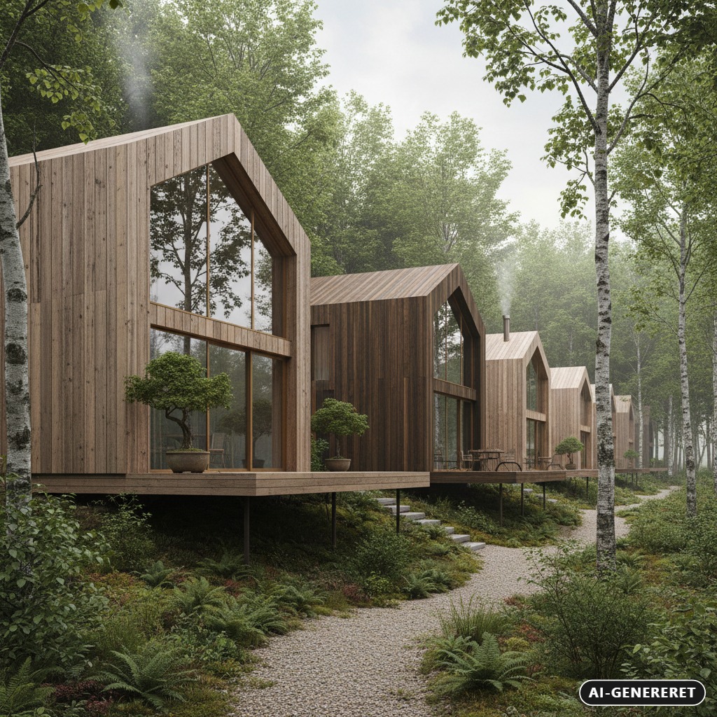 AI-genereret: Række af moderne træhuse med store vinduespartier placeret i en skov med en grussti foran.
